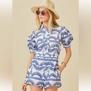 Main Strip Blue and White Printed Puff-Sleeve Romper